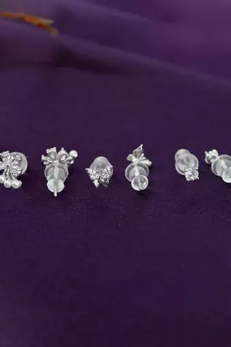 butterfly and flower design cz brass silver plated set of 3 combo stud earring for women and girls
