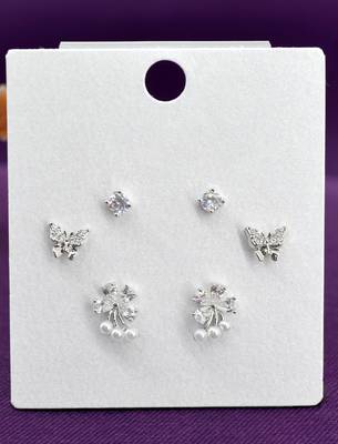 butterfly and flower design cz brass silver plated set of 3 combo stud earring for women and girls 4