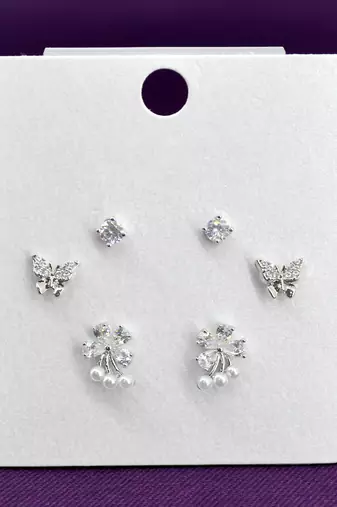 butterfly and flower design cz brass silver plated set of 3 combo stud earring for women and girls