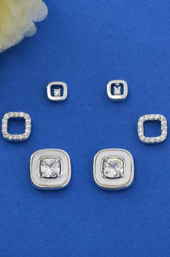lovely circle shape cz brass silver plated set of 3 combo stud earring for women and girls