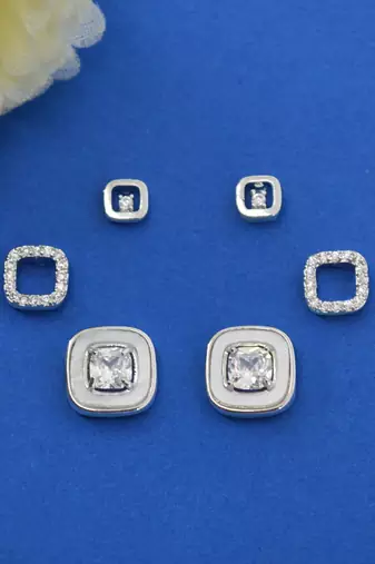 lovely circle shape cz brass silver plated set of 3 combo stud earring for women and girls