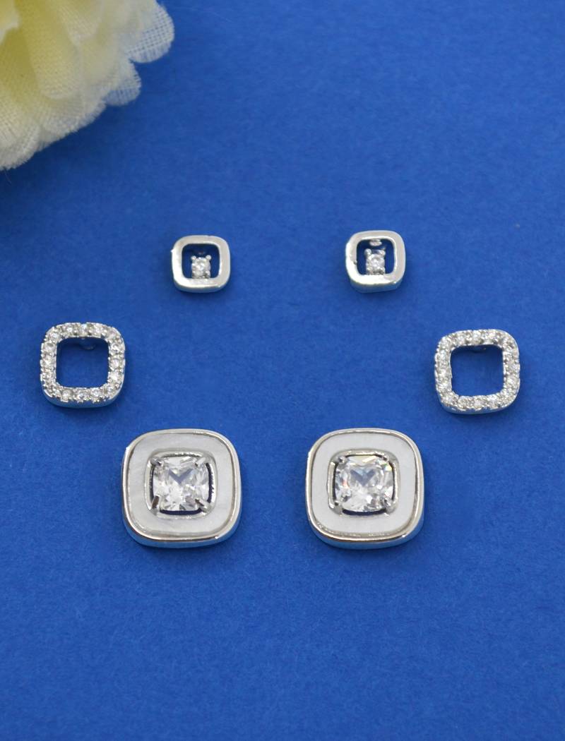lovely circle shape cz brass silver plated set of 3 combo stud earring for women and girls