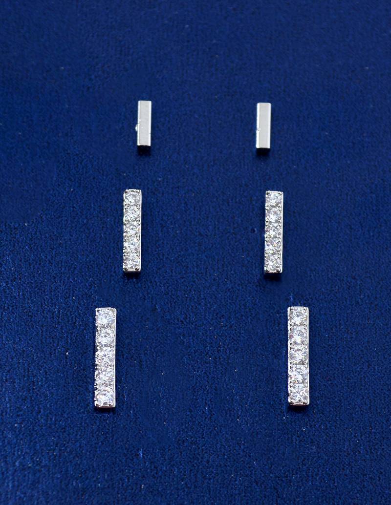 modern straight bar cz brass silver plated set of 3 combo stud earring for women and girls