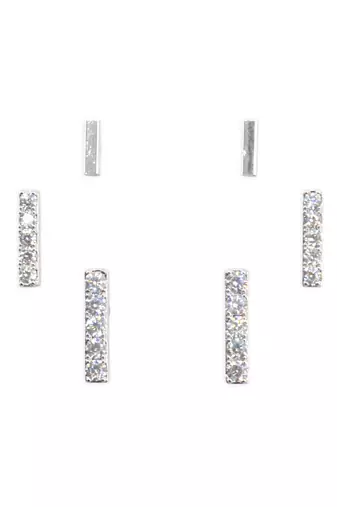 modern straight bar cz brass silver plated set of 3 combo stud earring for women and girls