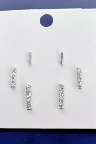 modern straight bar cz brass silver plated set of 3 combo stud earring for women and girls