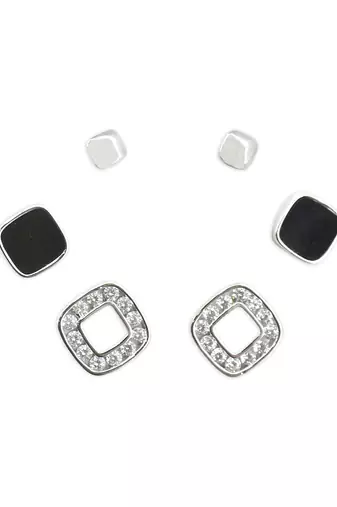 modish circle shape cz brass silver plated set of 3 combo stud earring for women and girls