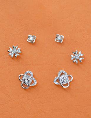 heart and flower shape cz brass silver plated set of 3 combo stud earring for women and girls 1