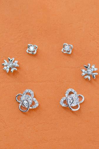 heart and flower shape cz brass silver plated set of 3 combo stud earring for women and girls