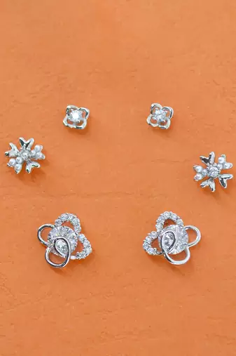 heart and flower shape cz brass silver plated set of 3 combo stud earring for women and girls