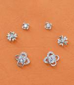 heart and flower shape cz brass silver plated set of 3 combo stud earring for women and girls