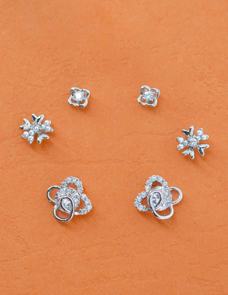 heart and flower shape cz brass silver plated set of 3 combo stud earring for women and girls