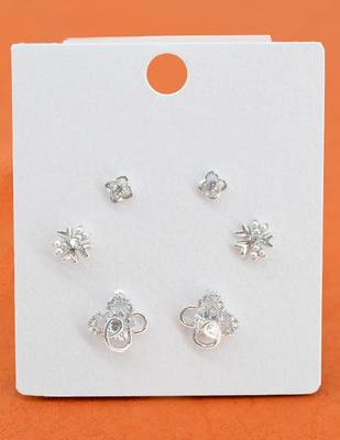 heart and flower shape cz brass silver plated set of 3 combo stud earring for women and girls 3