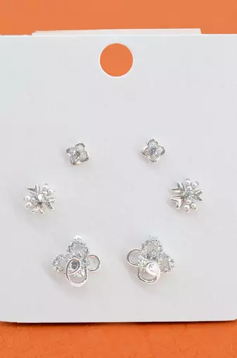 heart and flower shape cz brass silver plated set of 3 combo stud earring for women and girls