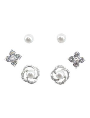 pleasing flower design pearl brass silver plated set of 3 combo stud earring for women and girls 1