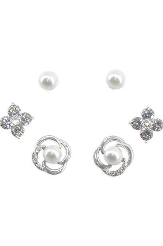 pleasing flower design pearl brass silver plated set of 3 combo stud earring for women and girls