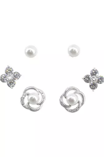 pleasing flower design pearl brass silver plated set of 3 combo stud earring for women and girls
