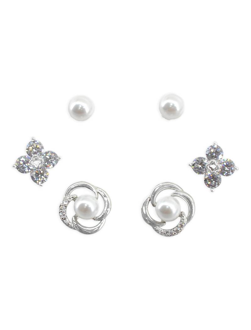 pleasing flower design pearl brass silver plated set of 3 combo stud earring for women and girls
