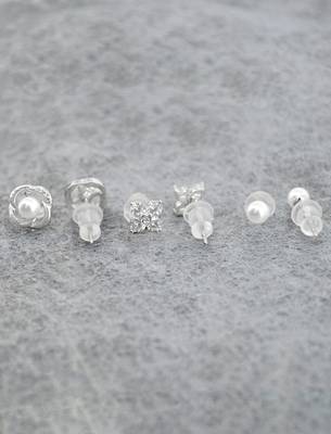 pleasing flower design pearl brass silver plated set of 3 combo stud earring for women and girls 2