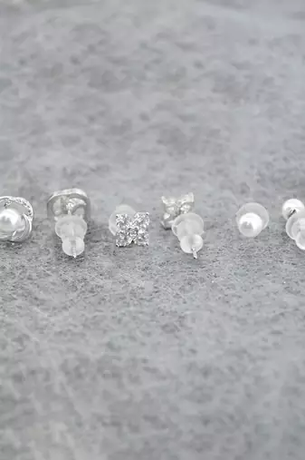 pleasing flower design pearl brass silver plated set of 3 combo stud earring for women and girls