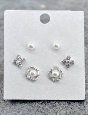 pleasing flower design pearl brass silver plated set of 3 combo stud earring for women and girls 3
