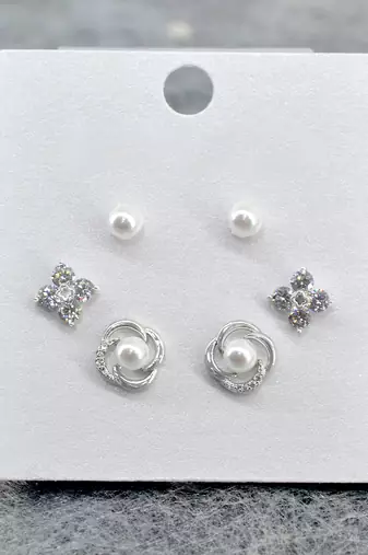 pleasing flower design pearl brass silver plated set of 3 combo stud earring for women and girls