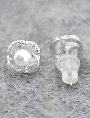 pleasing flower design pearl brass silver plated set of 3 combo stud earring for women and girls 4