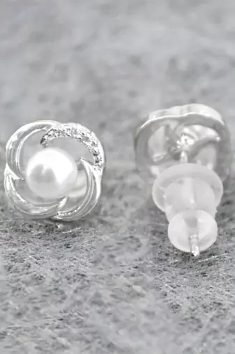 pleasing flower design pearl brass silver plated set of 3 combo stud earring for women and girls
