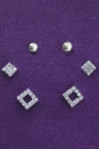 pretty traingle shape cz brass silver plated set of 3 combo stud earring for women and girls