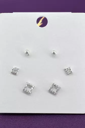 pretty traingle shape cz brass silver plated set of 3 combo stud earring for women and girls