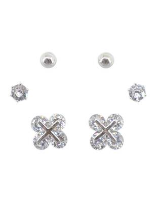 royal flower design cz brass silver plated set of 3 combo stud earring for women and girls 1