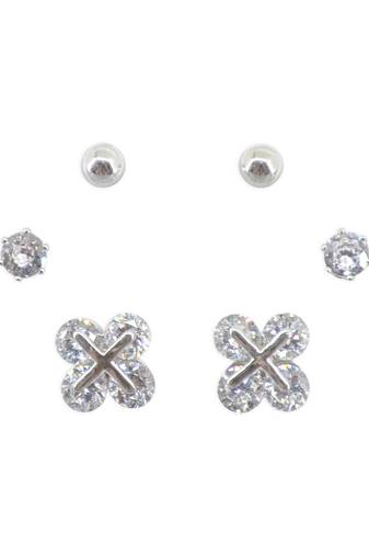 royal flower design cz brass silver plated set of 3 combo stud earring for women and girls