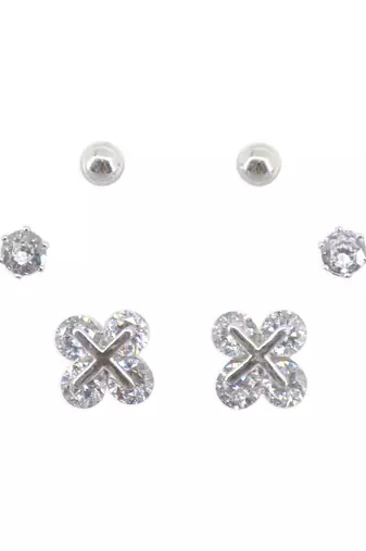 royal flower design cz brass silver plated set of 3 combo stud earring for women and girls