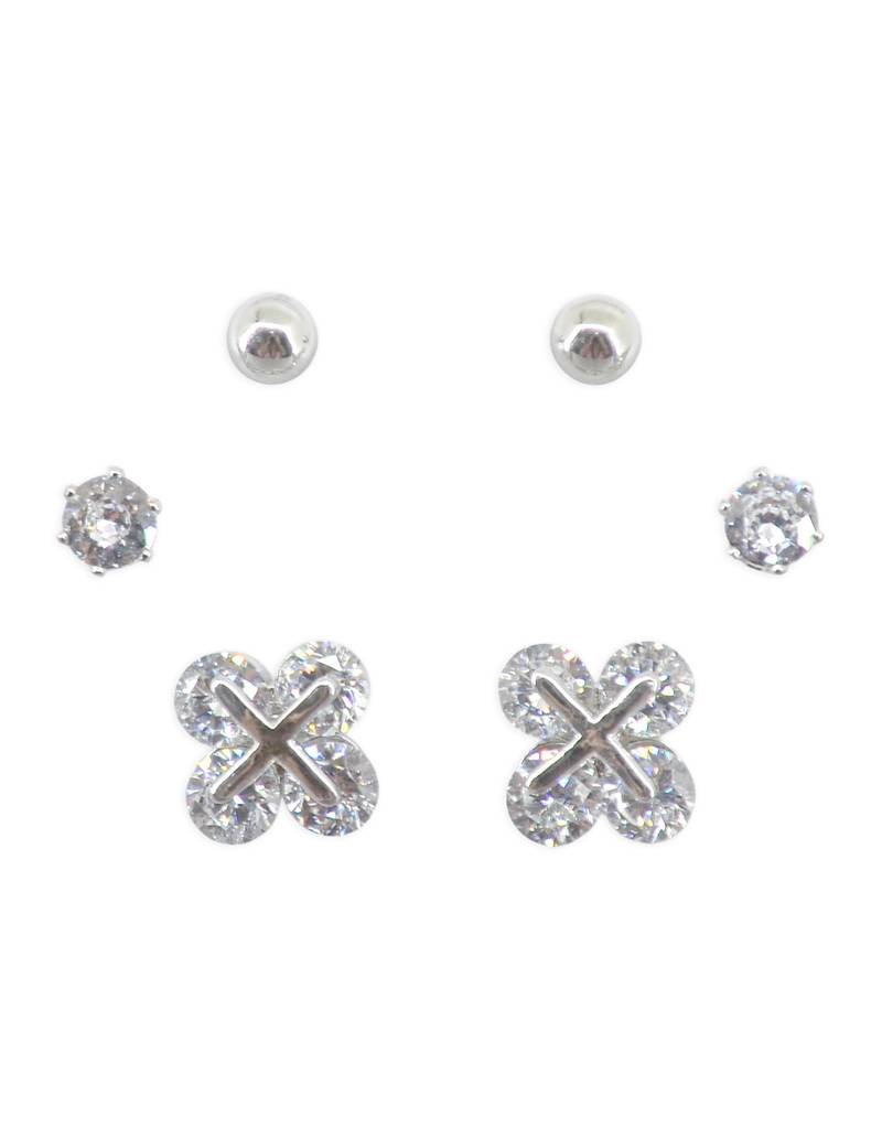 royal flower design cz brass silver plated set of 3 combo stud earring for women and girls