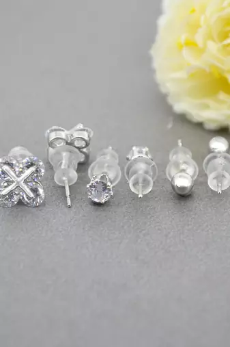 royal flower design cz brass silver plated set of 3 combo stud earring for women and girls
