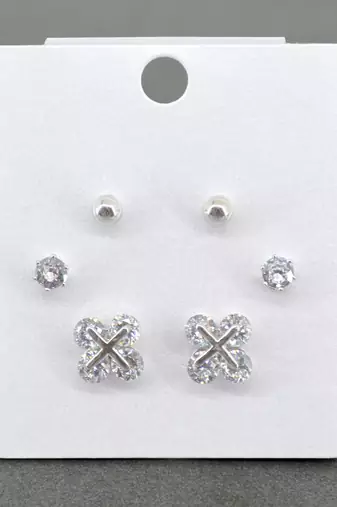 royal flower design cz brass silver plated set of 3 combo stud earring for women and girls