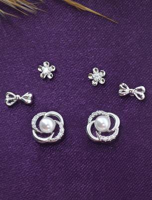 smooth flower and bow design cz brass silver plated set of 3 combo stud earring for women and girls 1
