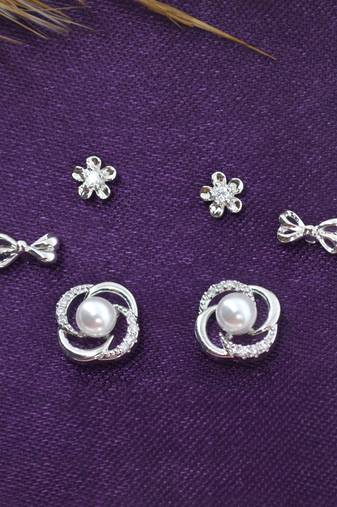 smooth flower and bow design cz brass silver plated set of 3 combo stud earring for women and girls