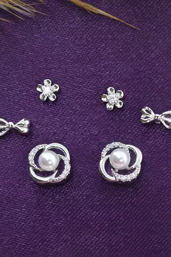 smooth flower and bow design cz brass silver plated set of 3 combo stud earring for women and girls