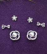smooth flower and bow design cz brass silver plated set of 3 combo stud earring for women and girls