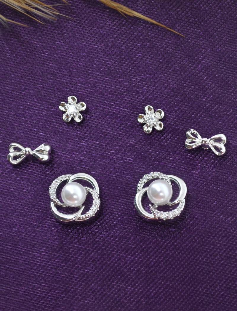 smooth flower and bow design cz brass silver plated set of 3 combo stud earring for women and girls