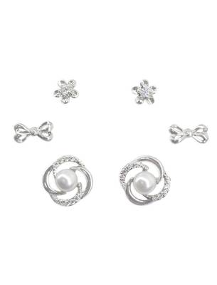 smooth flower and bow design cz brass silver plated set of 3 combo stud earring for women and girls 2