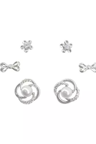 smooth flower and bow design cz brass silver plated set of 3 combo stud earring for women and girls