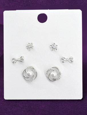 smooth flower and bow design cz brass silver plated set of 3 combo stud earring for women and girls 3
