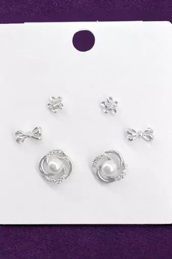 smooth flower and bow design cz brass silver plated set of 3 combo stud earring for women and girls