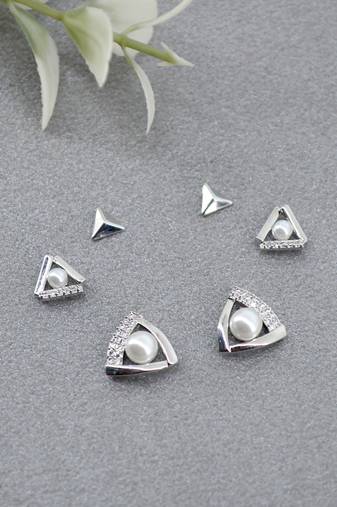splendid traingle shape cz brass silver plated set of 3 combo stud earring for women and girls
