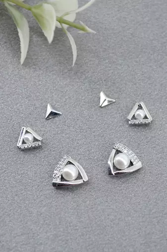 splendid traingle shape cz brass silver plated set of 3 combo stud earring for women and girls