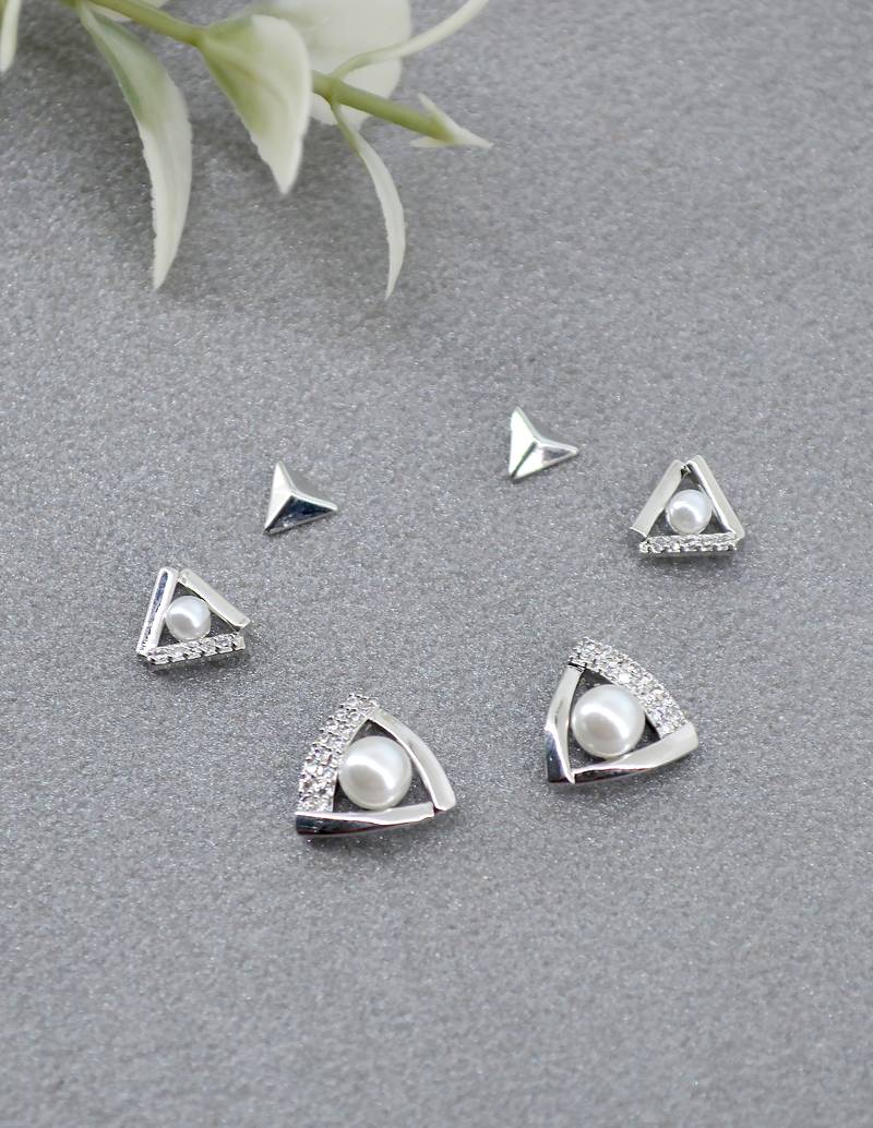 splendid traingle shape cz brass silver plated set of 3 combo stud earring for women and girls