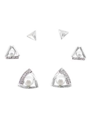 splendid traingle shape cz brass silver plated set of 3 combo stud earring for women and girls 2