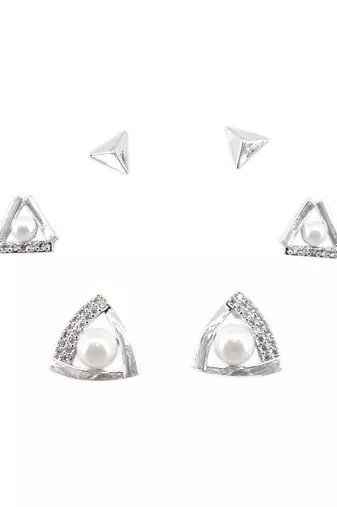 splendid traingle shape cz brass silver plated set of 3 combo stud earring for women and girls
