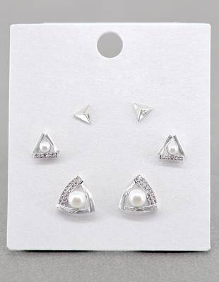 splendid traingle shape cz brass silver plated set of 3 combo stud earring for women and girls 3
